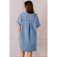 Dusk Blue Short Sleeve Pocketed Button up Denim Tunic Dress - S thumbnail