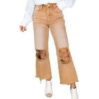 Brown Distressed Hollow-out High Waist Cropped Flare Jeans - 10 US thumbnail