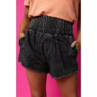 Black Smocked High Waist Mineral Washed Jean Shorts - 12 US thumbnail