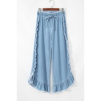 Myosotis Light Wash Raw Hem Ruffled Wide Leg Jeans - 10 US thumbnail