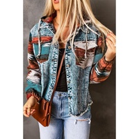 Azura Exchange Multicolor Aztec Print Frayed Hem Denim Jacket - XL thumbnail