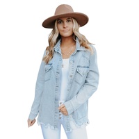 Sky Blue Flap Pocket Buttoned Raw Hem Denim Jacket - L thumbnail