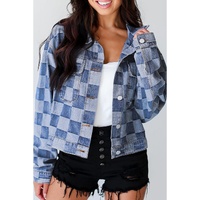 Light Blue Checkered Patchwork Button up Denim Jacket - L thumbnail
