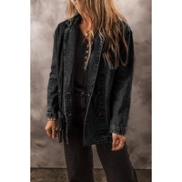 Black Side Pockets Lapel Collar Denim Jacket - L thumbnail