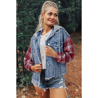 Beau Blue Plaid Print Patchwork Hooded Raw Hem Denim Jacket - M thumbnail