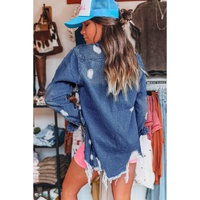 Sky Blue Light Wash Distressed Frayed Long Denim Jacket - L thumbnail