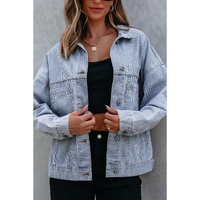 Sky Blue Stripe Washed Oversize Pocketed Denim Jacket - L thumbnail