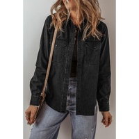 Black Flap Pocket Buttons Collared Jean Jacket - L thumbnail