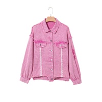 Pink Lace Patchwork Distressed Buttoned Denim Jacket - L thumbnail