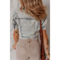 Beau Blue Light Wash Buttoned Chest Pocket Puff Sleeve Denim Jacket - L thumbnail