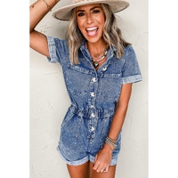 Dusk Blue Chest Pocket Front Buttoned Folded Edge Denim Short Sleeve Romper - M thumbnail