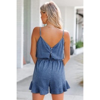 Ashleigh Blue Spaghetti Straps V Neck Belted Ruffled Leg Chambray Romper - S thumbnail