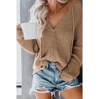 Khaki Zipper V-neck Dropped Sleeve Hooded Solid Sweater - L thumbnail