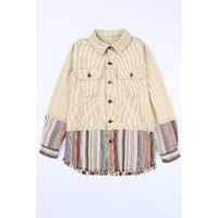 Button Up Pockets Striped Color Block Corduroy Jacket - L thumbnail