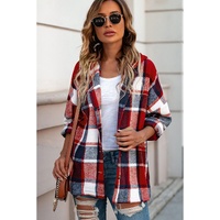 Azura Exchange Red Hooded Plaid Button Front Shacket - M thumbnail