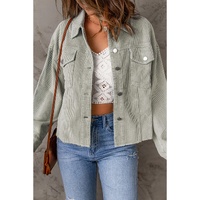 Sky Blue Raw Hem Flap Pockets Cropped Corduroy Jacket - L thumbnail