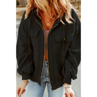 Black Flap Pocket Drawstring Hood Zip Up Jacket - S thumbnail