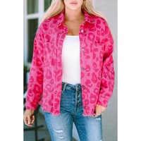 Pink Leopard Print Button Cuffs Raw Hem Jacket - L thumbnail
