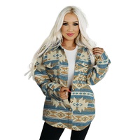 Azura Exchange Blue Western Aztec Print Button Flap Pocket Shacket - M thumbnail