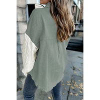 Green Cable Knit Sleeve Raw Hem Shacket - S thumbnail