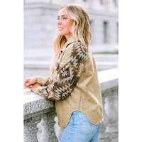 Khaki Aztec Print Patchwork Frayed Edge Corduroy Jacket - XL thumbnail