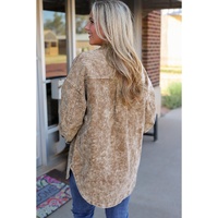 Khaki Vintage Distressed Mineral Wash Oversized Shacket - S thumbnail