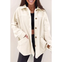 Beige Button-Up Stitching Pocket Raw Hem Shacket - L thumbnail