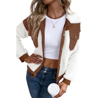 Chestnut Corduroy Color Block Contrast Patchwork Fuzzy Jacket - S thumbnail