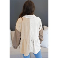 Khaki Corduroy Colorblock Button up Loose Shacket - L thumbnail