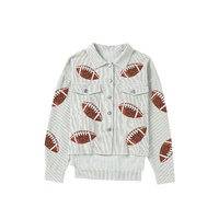 Sky Blue Sequined Football Patch Ribbed Cotton Jacket - L thumbnail