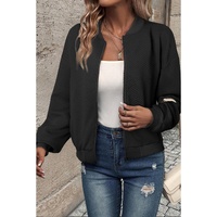 Black Solid Textured Stand Neck Zipper Bomber Jacket - S thumbnail
