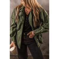 Moss Green Snap Button Zipper Tight Waist Collared Jacket - L thumbnail