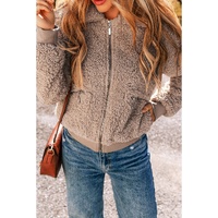 Light French Beige Zipper Pocketed Winter Fuzzy Jacket - L thumbnail