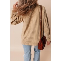 Light French Beige Solid Frilled Flap Pocket Button Up Corduroy Shacket - L thumbnail