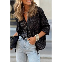 Black Sequin Zip up Round Neck Long Sleeve Jacket - S thumbnail