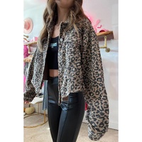 Dark Khaki Leopard Print Corduroy Irregular Hem Buttoned Jacket - L thumbnail