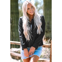 Black Solid Faux Leather Zipper Slim Fit Bomber Jacket - M thumbnail