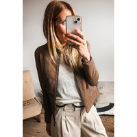 Chestnut Solid Faux Leather Zipper Slim Fit Bomber Jacket - L thumbnail