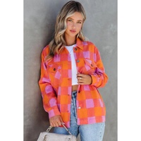 Orange Plaid Chest Pockets Button-up Turn Down Collar Jacket - L thumbnail