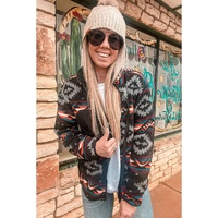 Black Aztec Printed Zip Up Collar Jacket - M thumbnail