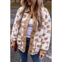 Light French Beige Cute Flower Pattern Button Up Fleece Jacket - 2XL thumbnail