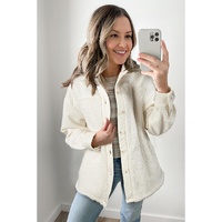 White Solid Color Quilted Sherpa Patchwork Button Up Shacket - M thumbnail