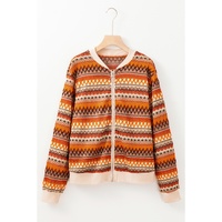Orange Boho Striped Zip Up Long Sleeve Jacket - L thumbnail