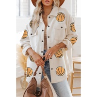 Beige Sequin Basketball Graphic Textured Snap Button Shacket - XL thumbnail