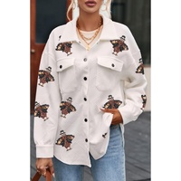 Beige Sequin Turkey Patched Graphic Flap Pocket Textured Shacket - XL thumbnail