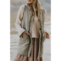 Grass Green Quilted Long Vest Jacket with Pockets - S thumbnail