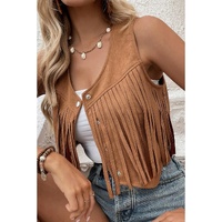 Camel Fringed Snap Button Front Suedette Vest - XL thumbnail