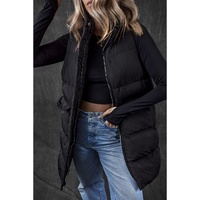 Black Windproof Longline Full Zipper Puffer Vest with Pockets - M thumbnail