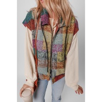 Multicolor Plaid Print Side Pockets Zipped Loose Vest - M thumbnail