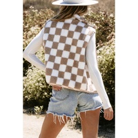 Khaki Checkered Sherpa Collared Jacket Vest - L thumbnail
